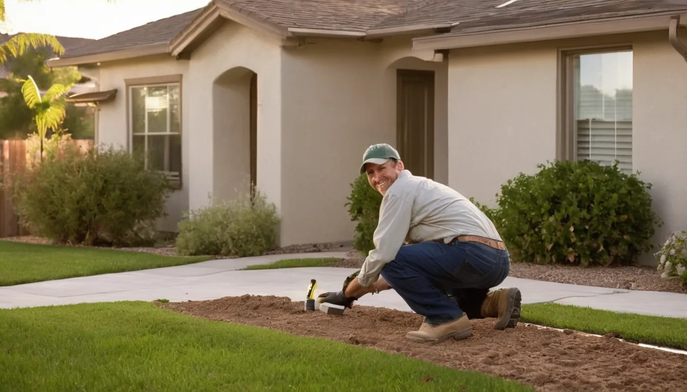 A pest control provider inspecting the exterior of a stucco ranch home in Glendale