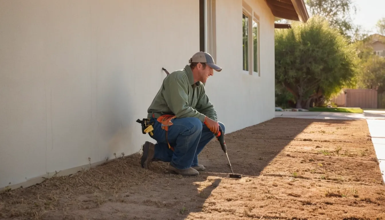 A local pest control provider inspecting a stucco home foundation for termites near Glendale